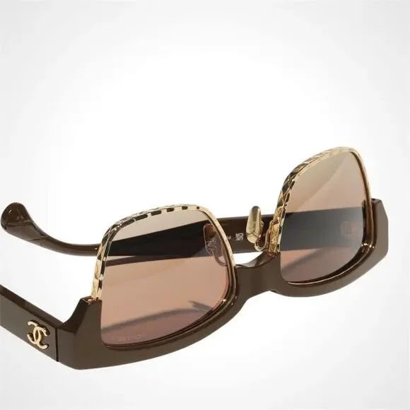 New CHANEL Sunglasses Brown Gold Cat Eye Square Metal Acetate Quilted Womens - Picture 4 of 5